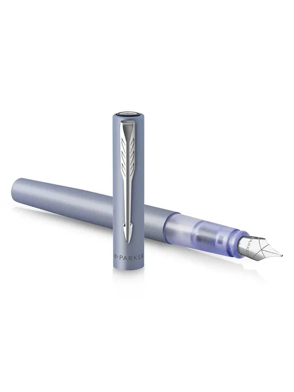 Parker Vector XL Fountain Pen | Metallic Silver-Blue Lacquer on Brass | Medium Nib with Blue Ink Refill | Gift Box
