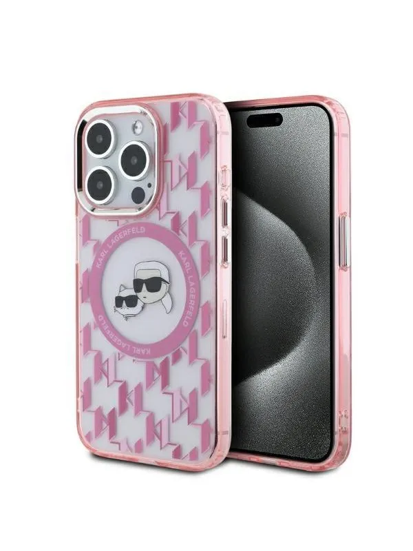 Karl Lagerfeld IML Monogram Karl & Choupette Head MagSafe iPhone 15 Pro Case - Pink