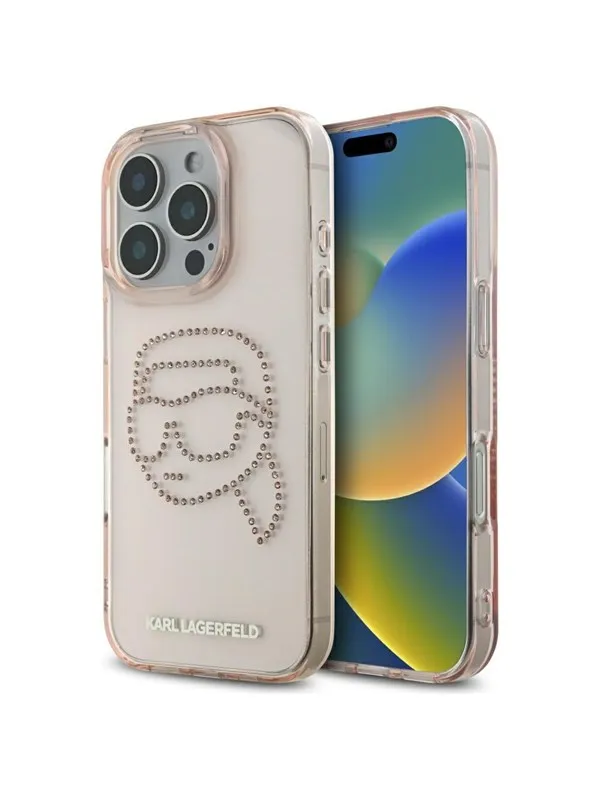 Karl Lagerfeld IML Rhinestones Karl Head Case for iPhone 16 Pro Pink
