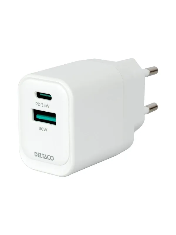 Deltaco USB GaN Wall Charger PD 35W | 1x USB-A | 1x USB-C | PPS + Samsung SFC 25W | White