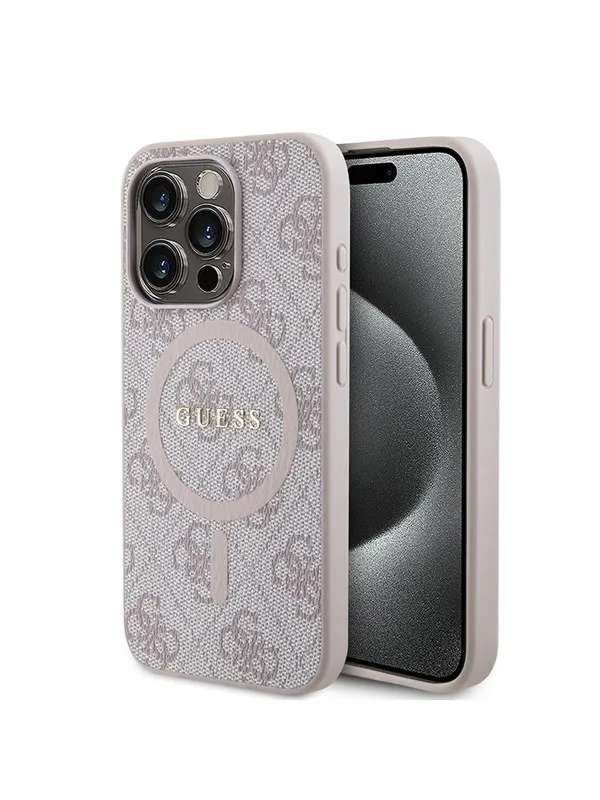 GUESS 4G Collection Leather Metal Logo MagSafe Case for iPhone 15 Pro Max - Pink