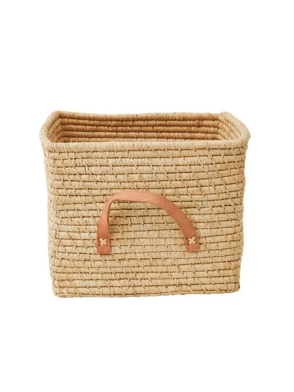 Rice Small Square Raffia Basket with Leather Handles