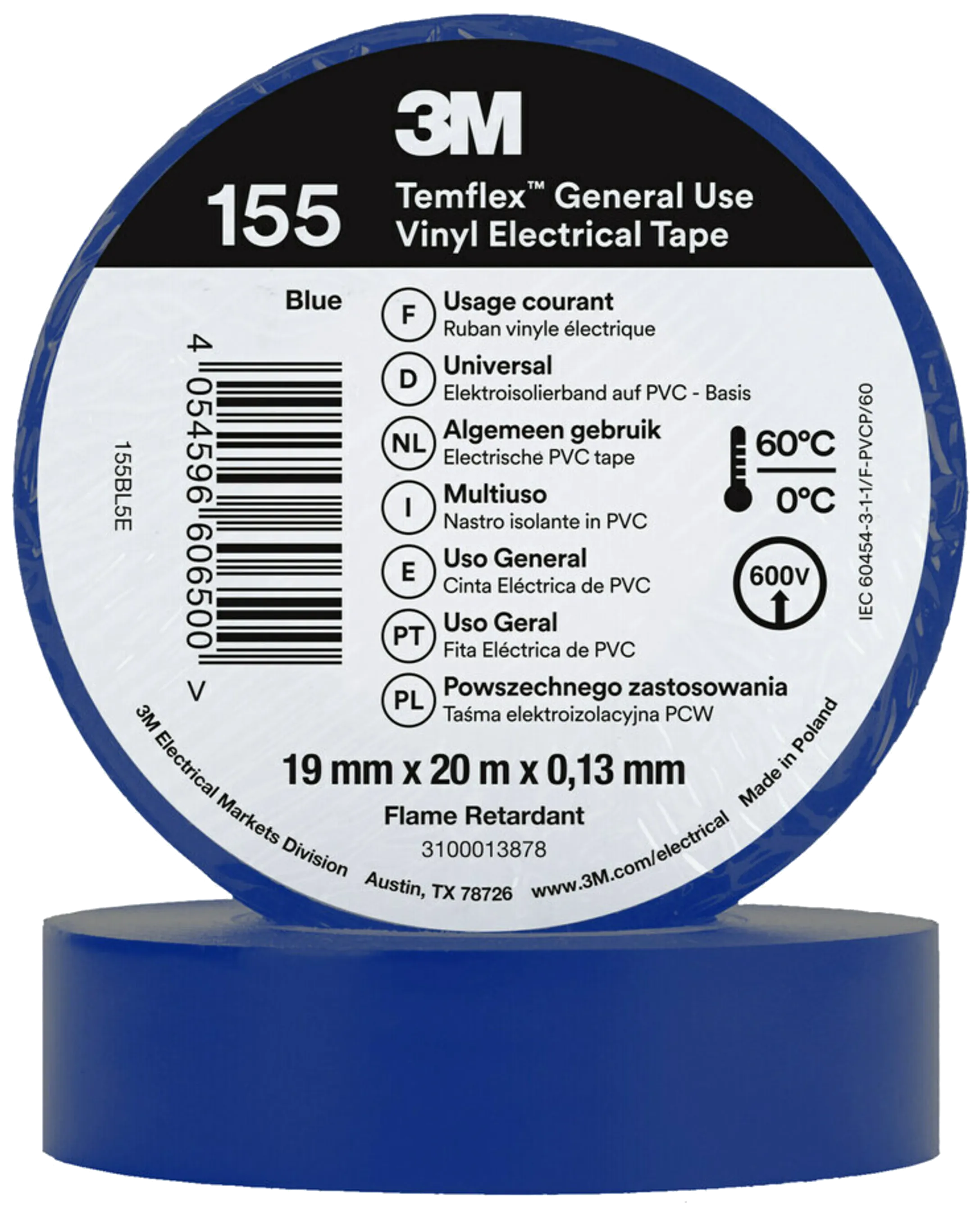 Temflex 155 elektrovinyltape 19mm×20m blå