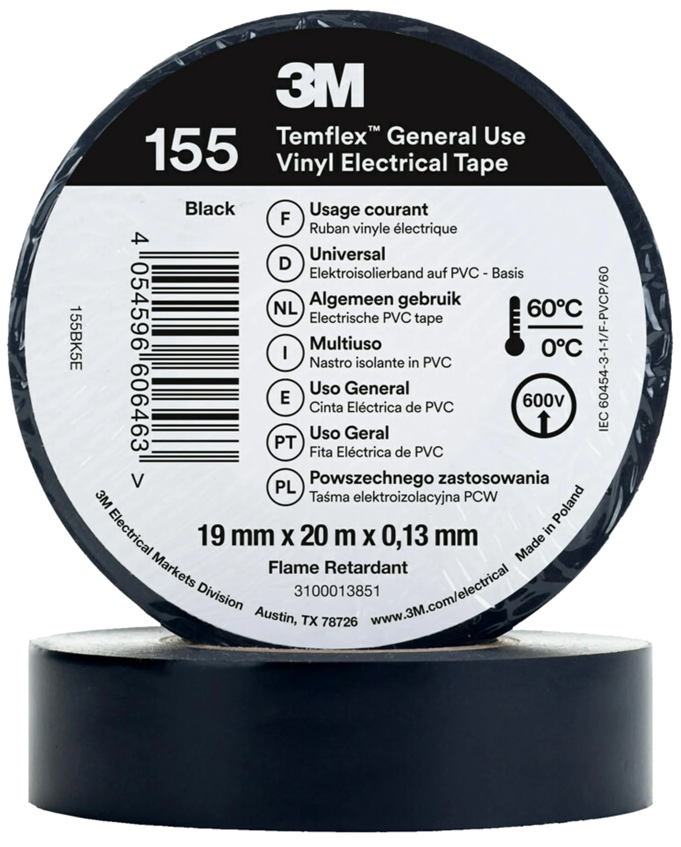 Temflex 155 elektrisk vinyltape 19mm×20m sort