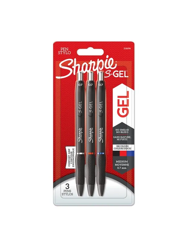 Sharpie S-Gel | Gel Pens | Medium Point (0.7mm) | Black Red & Blue Ink | 3 Count