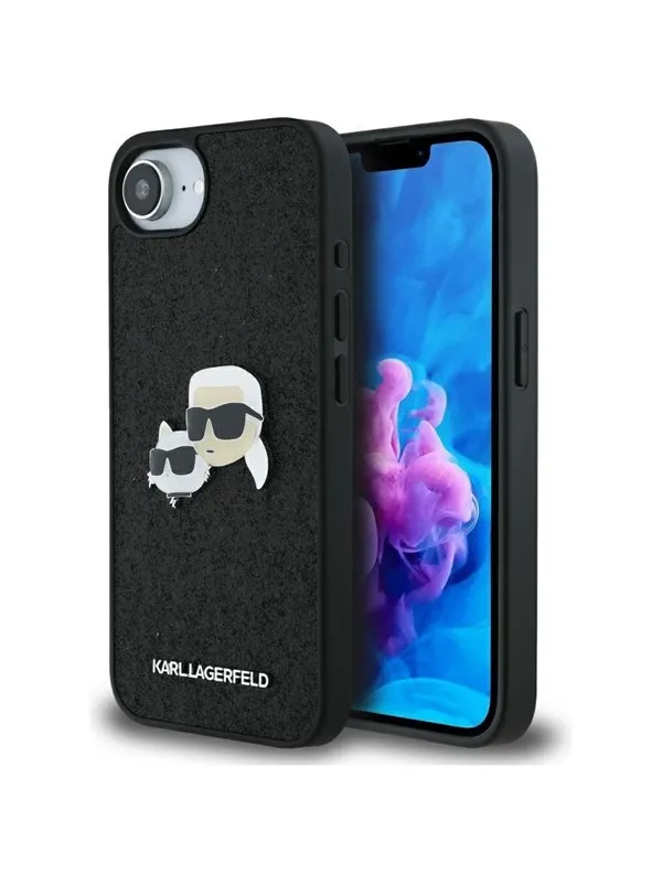 Karl Lagerfeld Fixed Glitter Karl&Choupette Heads Metal Pin iPhone 16e Case - Black