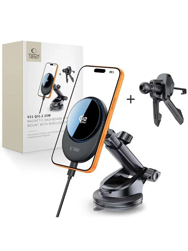 Tech-Protect  V21 MagSafe Car Mount with Inductive Charger 25W QI2.2 for Cockpit / Windshield / Air Vent - Black