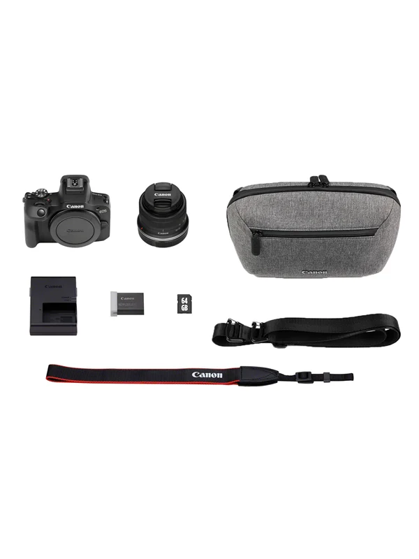 Canon EOS R100 + RF-S 18-45mm IS STM Travel Kit (Shoulder Bag + 64GB SD Card)