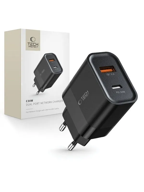 Tech-Protect C30W Mains Charger USB-C PD 30W / USB-A QC 3.0 - Black