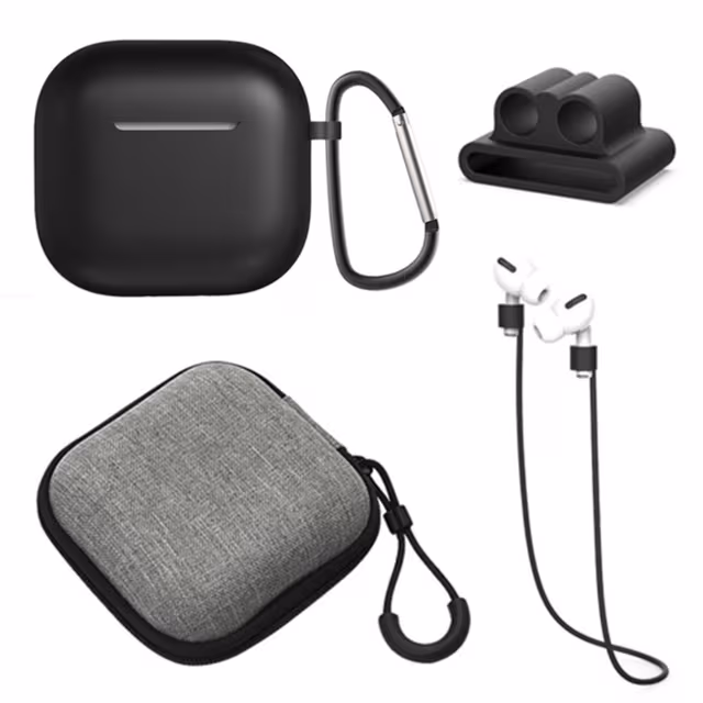 For AirPods 4 5 stk Tilbehør Veske Oppbevaringsboks Halsstropp Hodetelefonholder Nøkkelring - Svart