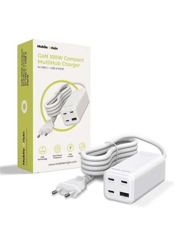 Mobile Origin GaN 100W Compact MultiHub Charger PW18 with 3x USB-C + USB-A