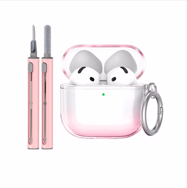 Beskyttende TPU-dekselsett kompatibelt med Apple AirPods 4 med rengjøringspenn og nøkkelring Rosa