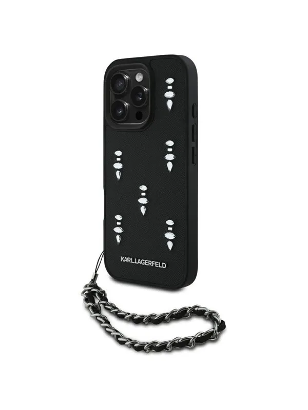 Karl Lagerfeld Saffiano Crystals w/Chain iPhone 16 Pro Case - Black