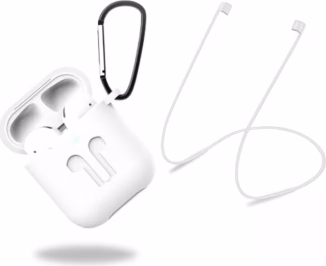 Beskyttelsesetui i silikon med hodetelefonstropp og anheng for Apple Airpods, hvit