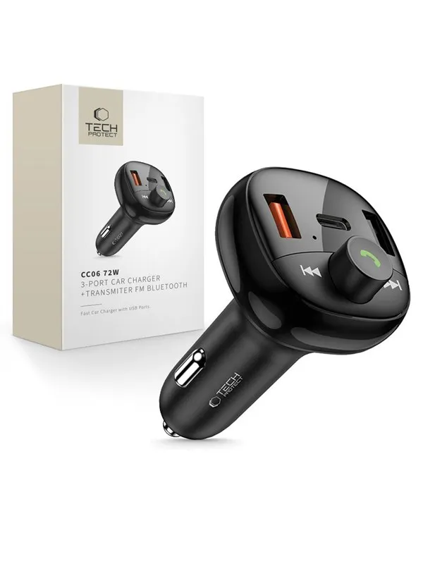 Tech-Protect  CC06 3-Port PD72W Car Charger with Transmitter - Black