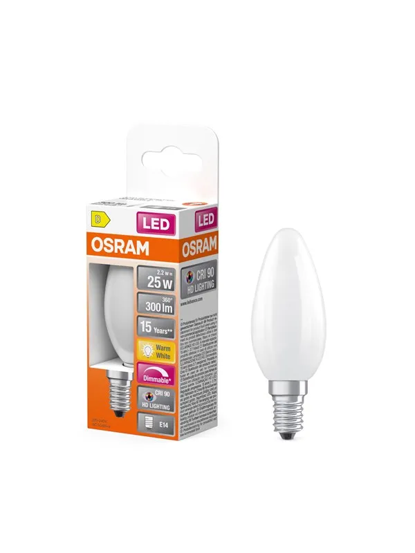 Osram LED-lyspære LED Comfort candle frosted 300lm 2.2W/927 (25W) dimmable E14