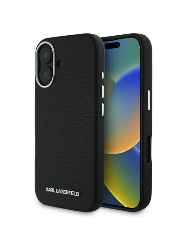 Karl Lagerfeld Saffiano Full Wrapped Elongated Metal Logo MagSafe Case for iPhone 16 - Black
