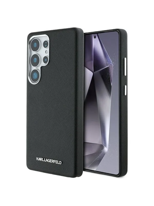 Karl Lagerfeld Saffiano Full Wrapped Elongated Metal Logo MagSafe Case for Samsung Galaxy S25 Ultra - Black