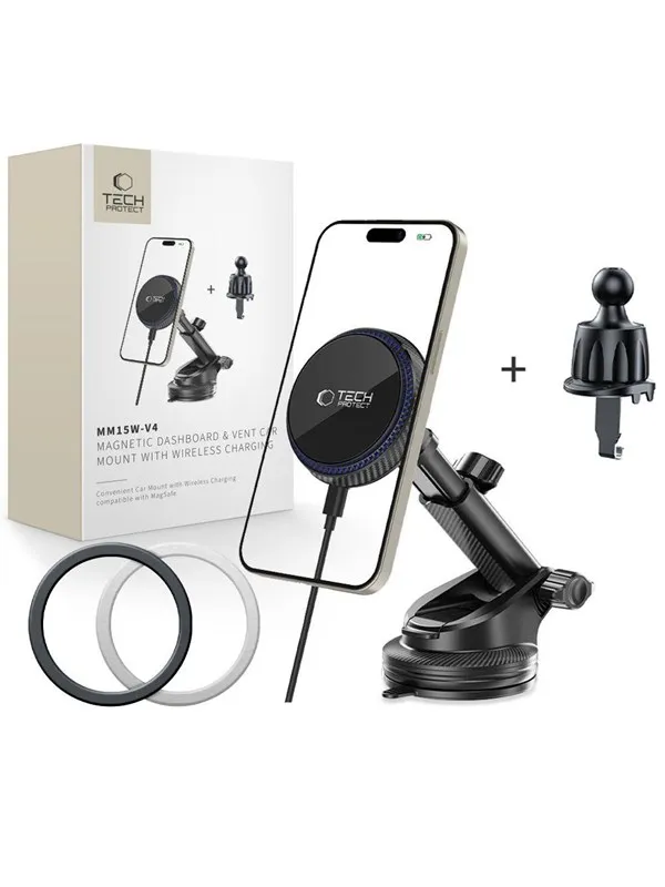 Tech-Protect  MM15W-V4 Magnetic MagSafe 15W Car Mount for Cockpit / Windshield / Air Vent - Black