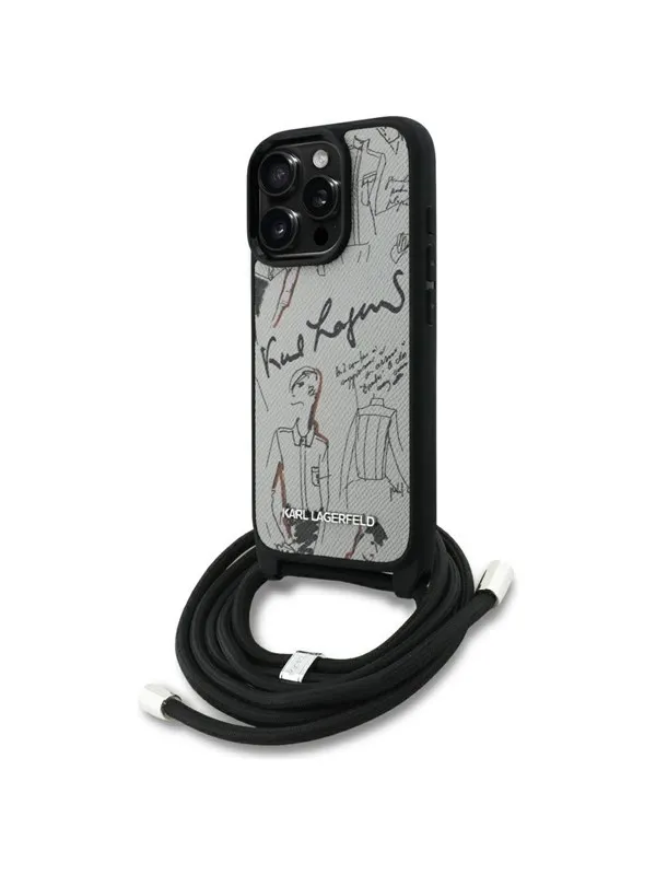 Karl Lagerfeld Crossbody Grained Pattern & Logo Case for iPhone 16 Pro Max - Gray