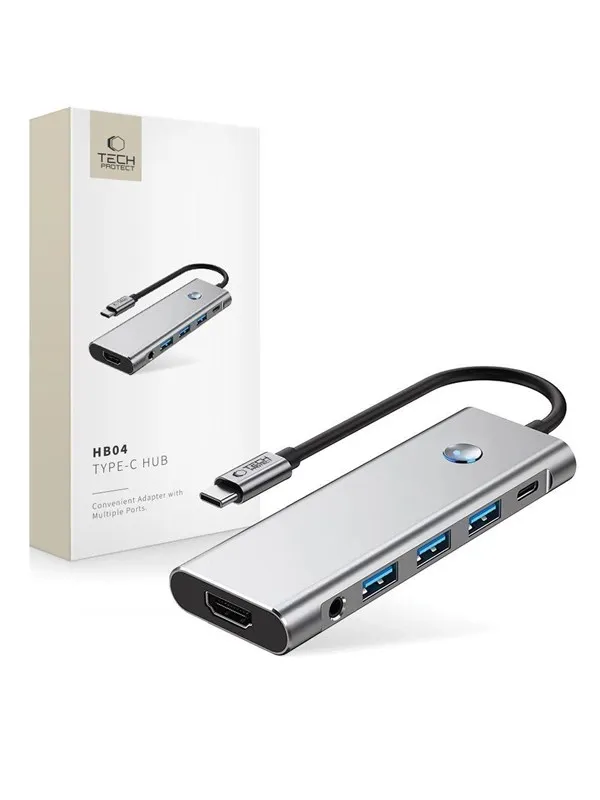 Tech-Protect HB04 HUB Adapter 9in1 USB-C + USB2.0 + USB3.0 + HDMI 4K 60Hz + SD / TF + PD100W + AV3.5 - Grey USB-hub - USB 3.0 - 5 porter - Grå