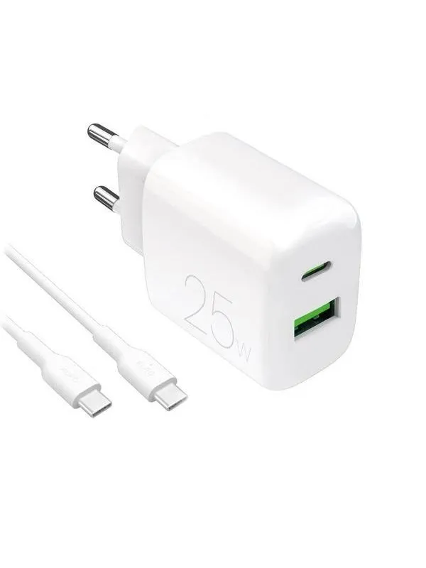 Puro PROLITE 25W USB-A / USB-C Wall Charger + USB-C - USB-C 1.2m Cable - White