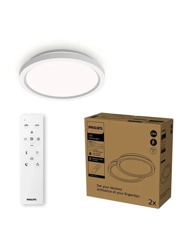 Philips AIO taklampe med fjernkontroll (rund, hvit) - 24 W integrert LED-lampe med 3-trinns dimming, 2-pk