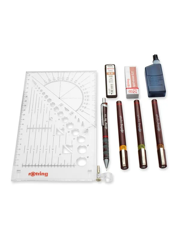 Rotring Isograph Pen Set Technical Pen & Pencil College Set | 3 Pens (0.20mm 0.30mm 0.50mm) and  Mechanical Pencil (0.5mm) + Accessories