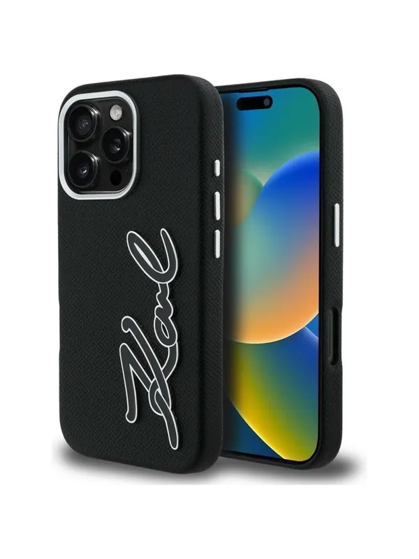 Karl Lagerfeld FW Grained Signature Logo Case for iPhone 16 Pro Max - Black