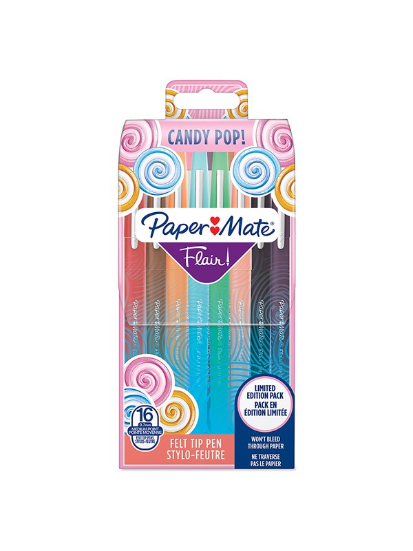 Paper Mate Flair Felt Tip Pens | Medium Point (0.7mm) | Candy POP & Assorted Colours | 16 Count