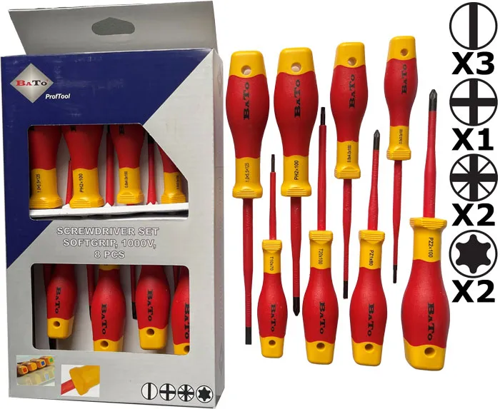 BATO Skrutrekkersett 1000V. Spor/Ph/Pz/Torx 8 deler.