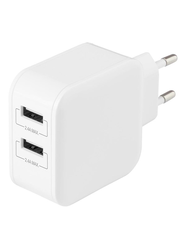 Deltaco Wall charger with dual USB-A ports 4.8 A.