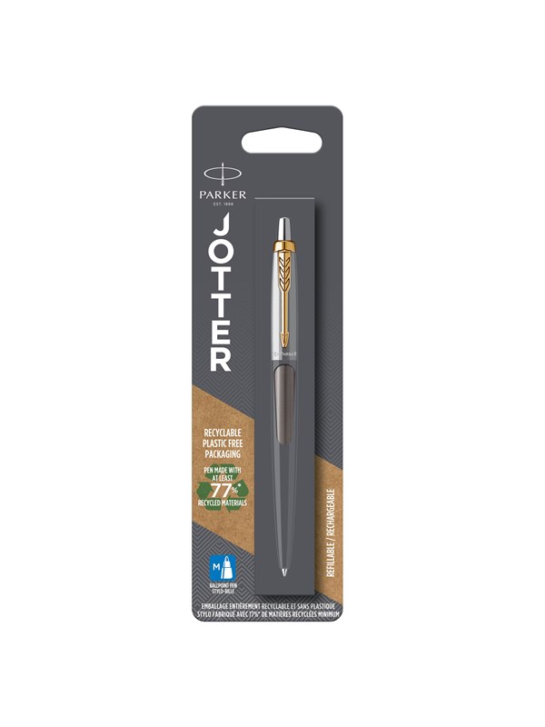 Parker Jotter Ballpoint Pen | Grey Lacquer with Gold Trims | Medium Point | Blue Ink Refill