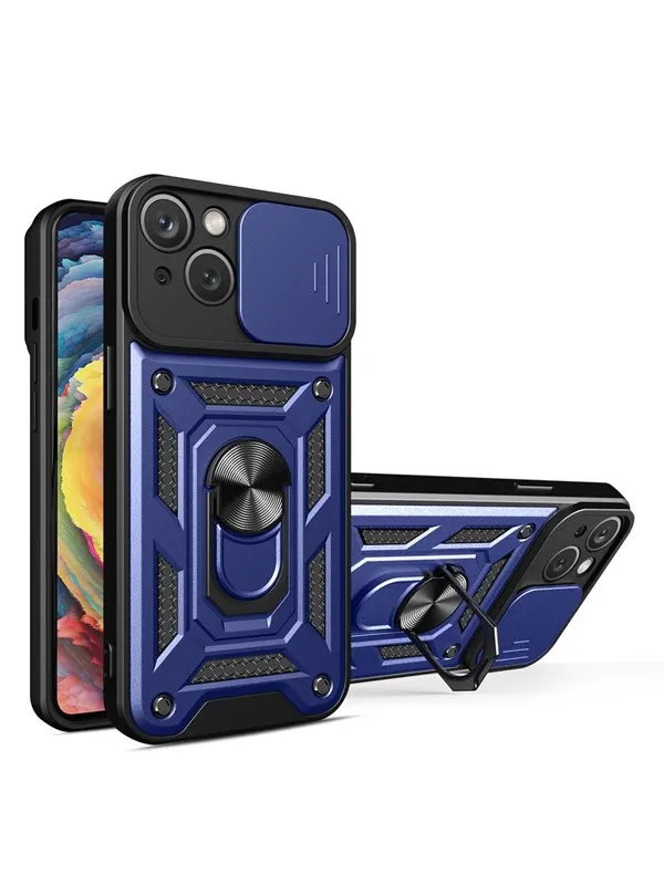 Hurtel Hybrid Armor Camshield Case for iPhone 14 Plus Armored Case with Camera Cover Blue