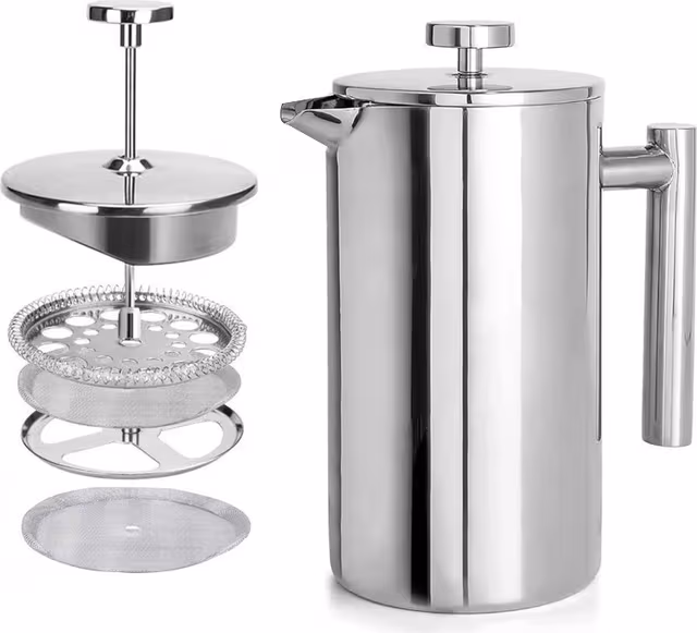 FRANSK PRESSKANNE I RUSTFRITT STÅL Med Filter - Manuell Kaffe- Og Tebrygger  600 ml