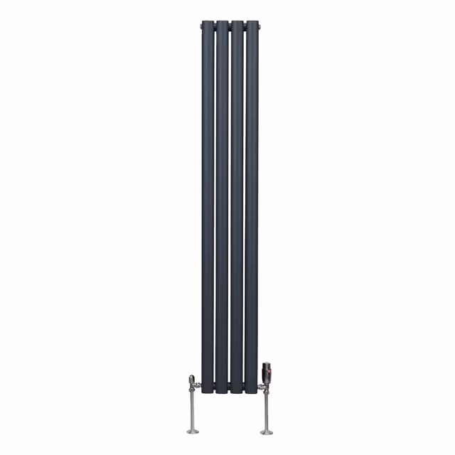 Antrasittgrå vertikal oval kolonneradiator 160 cm x 24 cm & TRV kromventiler