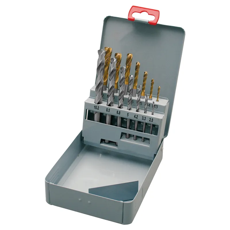 Spiralventiler i sett M3-M12 HSS-TiN 45° DIN371/376 (14 deler)