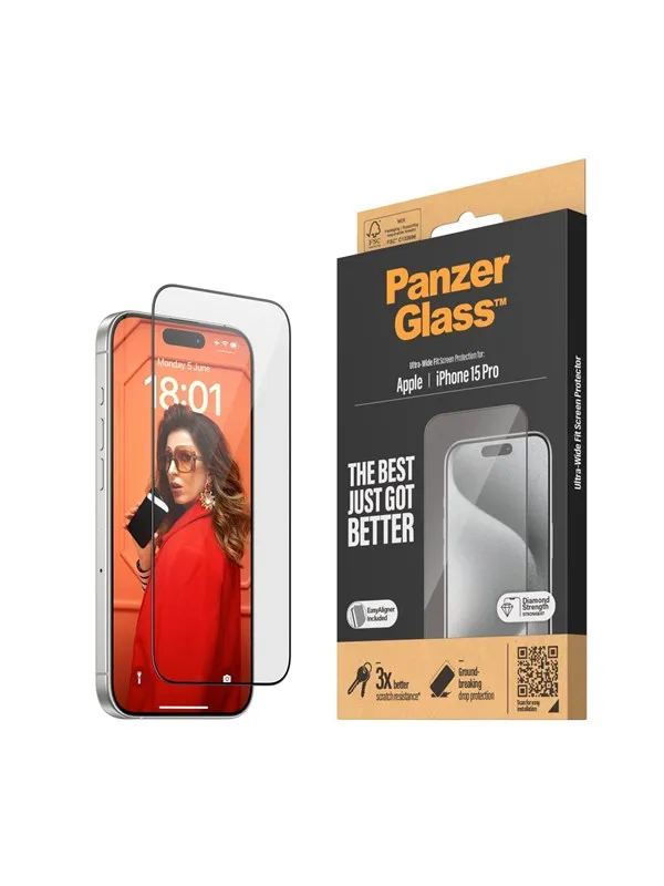 PanzerGlass Screen Protector iPhone 15 Pro | Ultra-Wide Fit w. EasyAligner