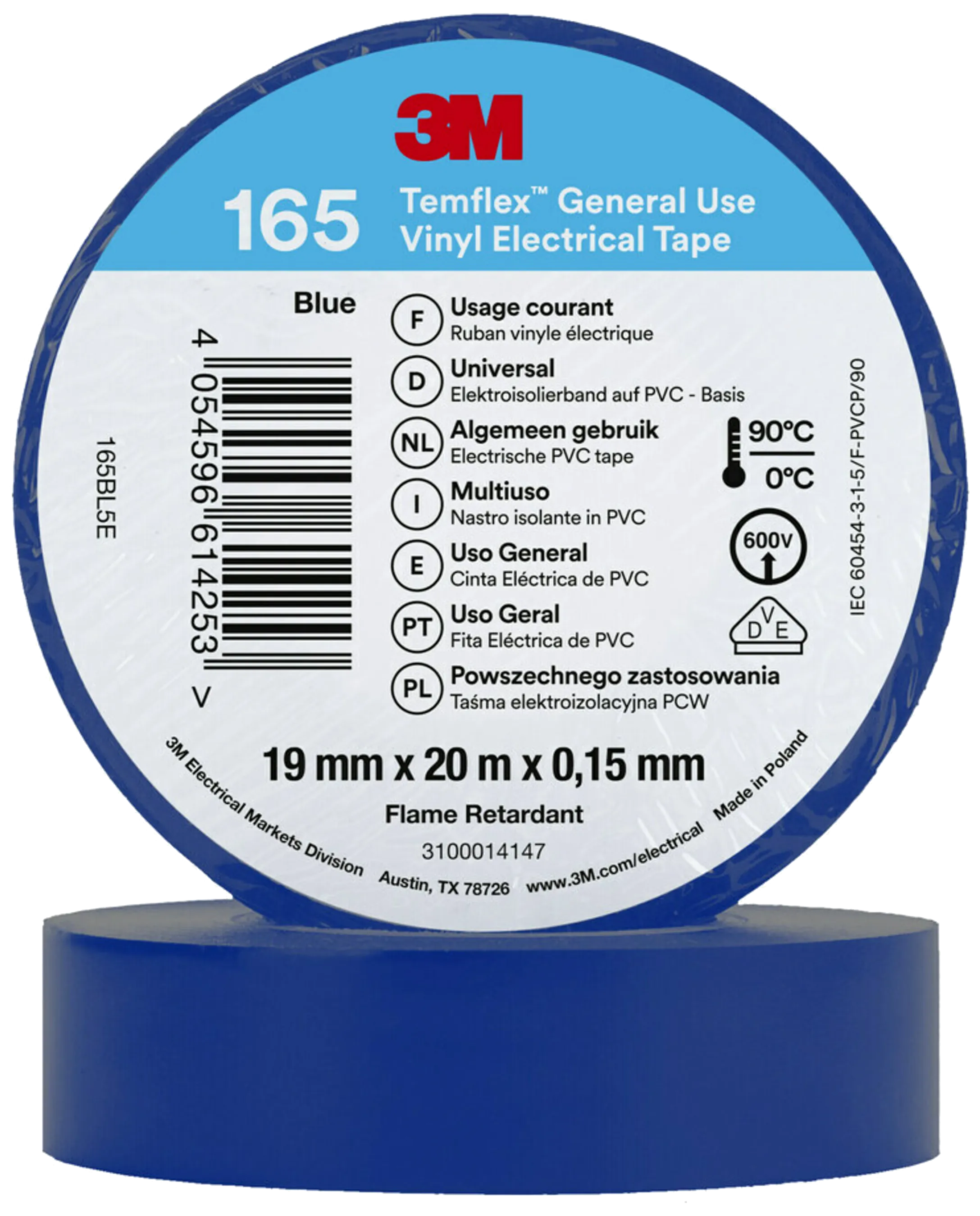 Temflex 165 elektrisk vinyltape 19mm×20m blå