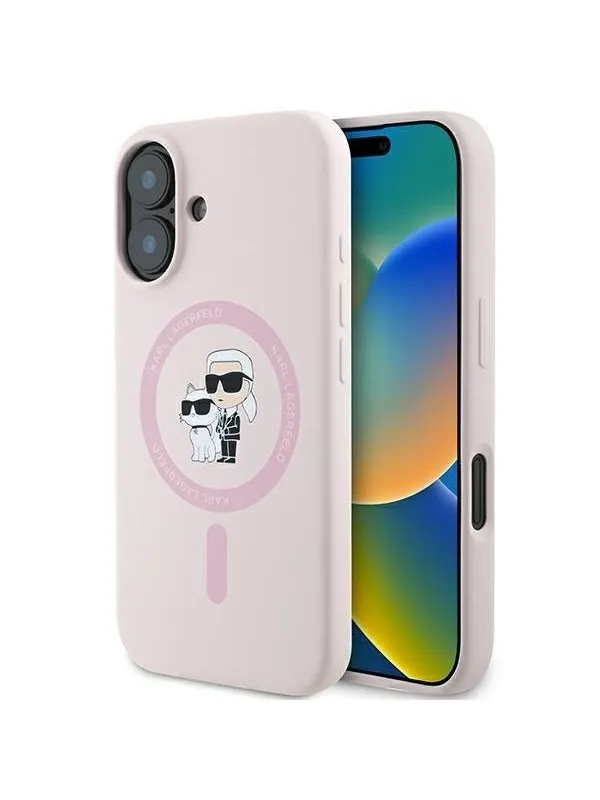 Karl Lagerfeld Silicone Karl&Choupette Heads Ring MagSafe iPhone 16 Case - Pink