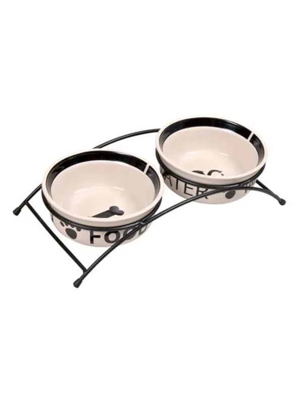 Trixie Food/Water bowl set ceramic/metal 2 × 0.6 l/ø 15 cm/32 × 9 × 15 cm white/black