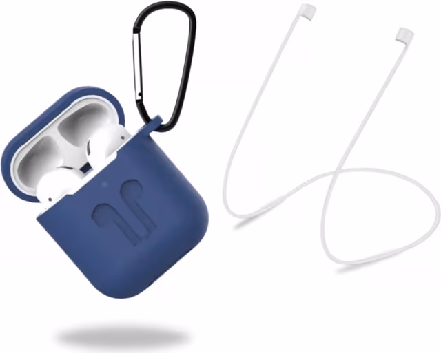 Beskyttelsesetui i silikon med hodetelefonstropp og anheng for Apple Airpods, mørkeblå
