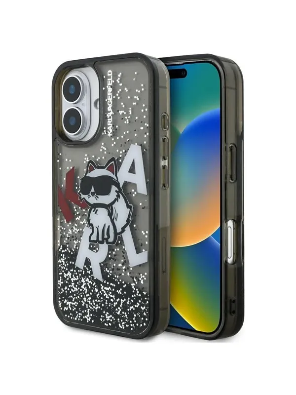 Karl Lagerfeld Liquid Glitter Choupette Logo iPhone 16 Case - Black