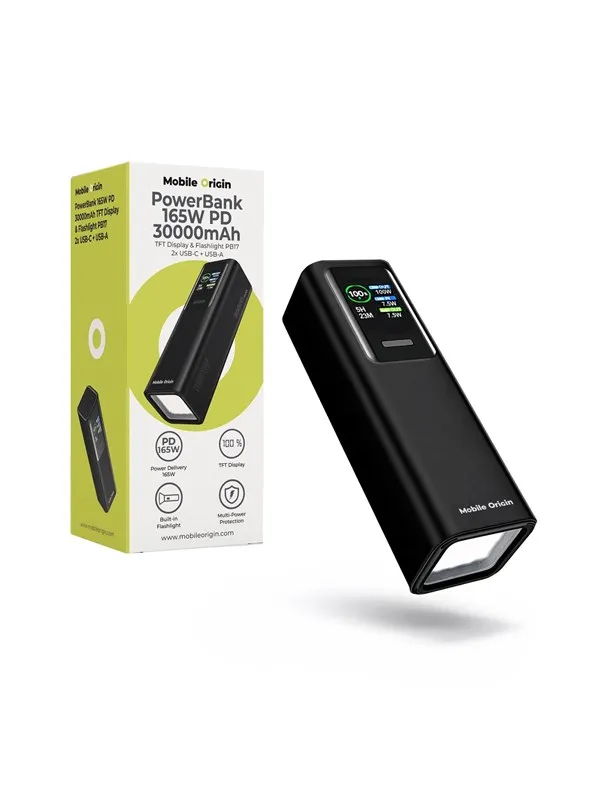 Mobile Origin PB17 PowerBank | TFT Display & Flashlight | 2x USB-C + 1x USB-A | 30000 mAh - 30000 mAh