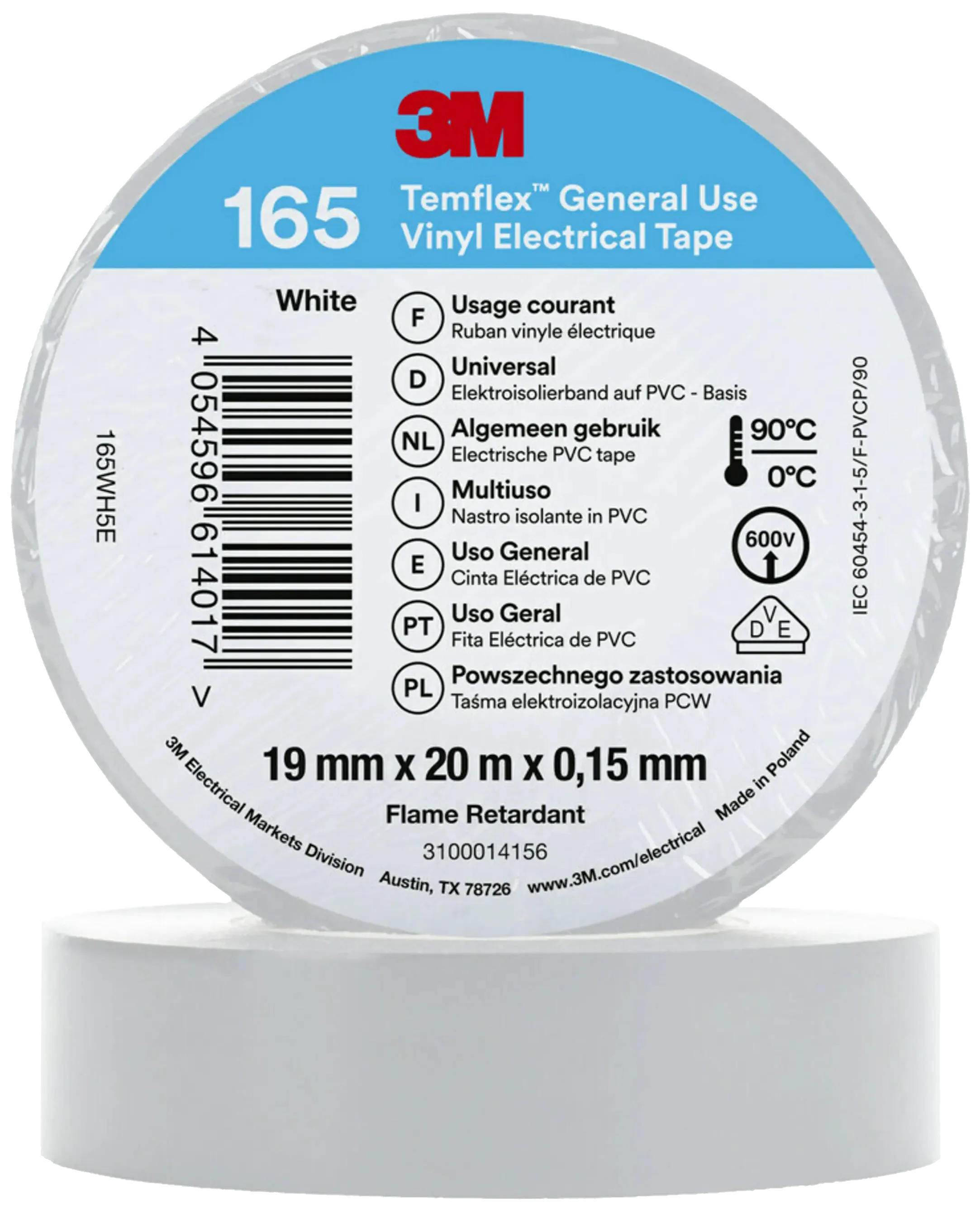 Temflex 165 elektrovinyltape 19mm×20m hvit