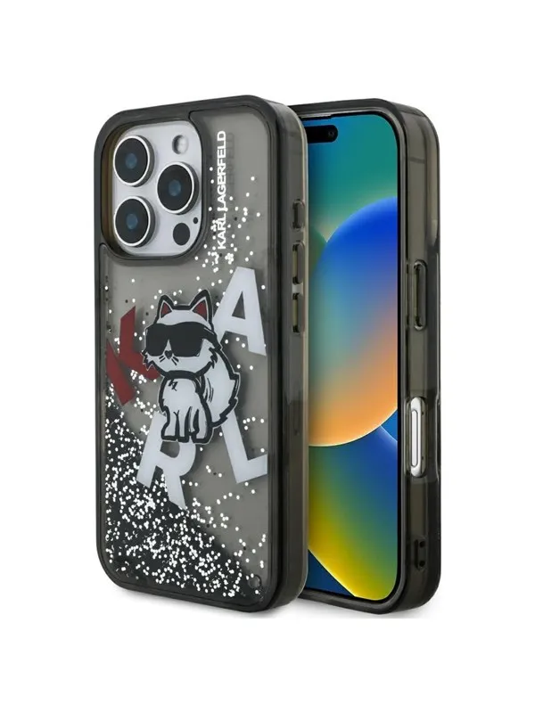 Karl Lagerfeld Liquid Glitter Choupette Logo Case for iPhone 16 Pro Max - Black
