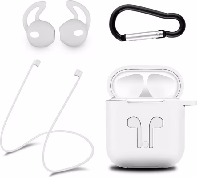 Silikonsett for Airpods, silikonetui, stropp, ørepropper i silikon, karabinkrok, hvit