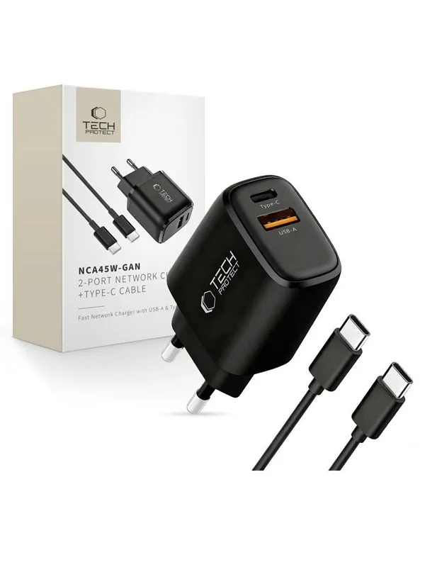 Tech-Protect  NCA45W-GAN 2-Ports 45W AC Charger with USB-C Cable - Black