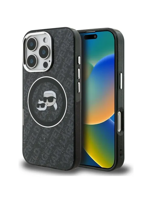 Karl Lagerfeld IML Glitter Karl & Choupette Heads Logo MagSafe Case for iPhone 16 Pro - Black