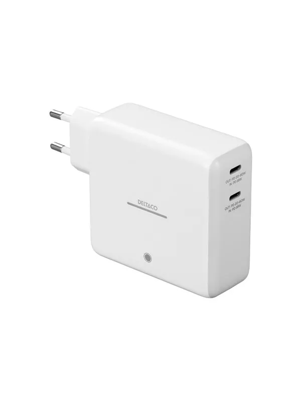 Deltaco USB-C wall charger with built-in power bank and GaN technology - 9600 mAh - White